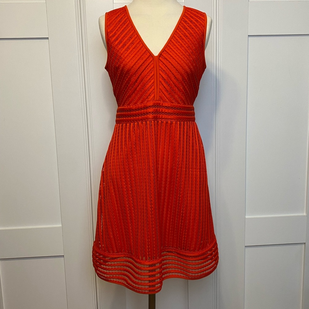 J. CREW ~ Size 2 Striped Eyelet Fit N’ Flare Dress Poppy Red Pink Exposed Zipper